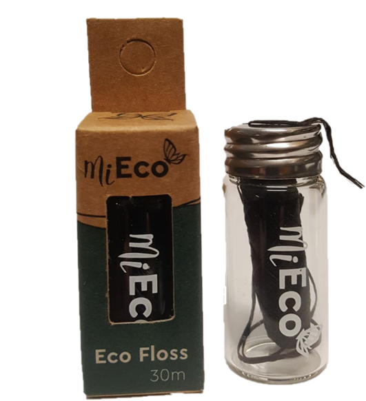 Vegan Dental Floss in glass bottle, charcoal 30m